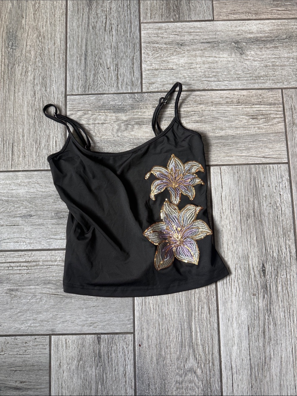 SHEIN Black Cami with Gold & Iridescent Sequin Floral Appliqués